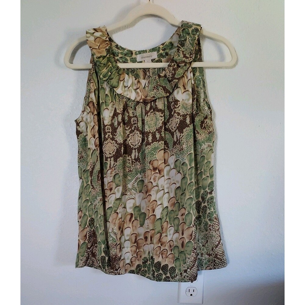 Dressbarn Green Brown Snakeskin Print Ruffle Neck Tank Top Womens Sz Large